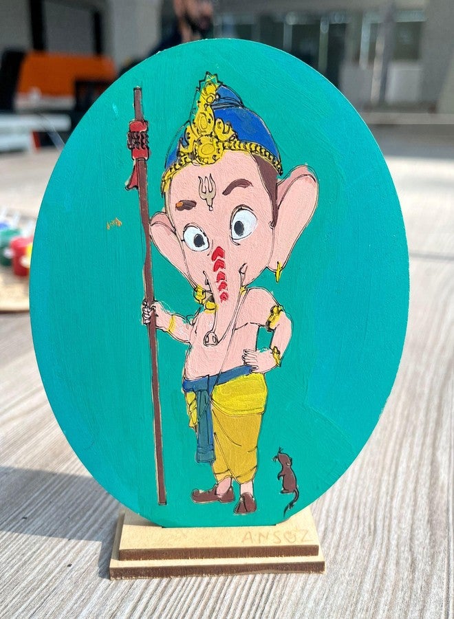 Ansoz Divine Ganesha Artistic Plaque Art Craft Kit | Ganesh Art Craft: Wooden Pre-Marked Cutout for Kids and All Ages - DIY Craft Kit | Home Decor | Ganesh Chaturthi Gift Idea (Water Color Included (Ganesha with Spear) - Image 1